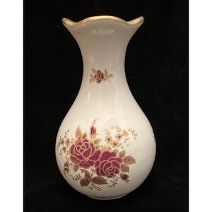 Osborne China 24k Gold Trim Hand Painted Vintage Vase Burgundy Red Yellow Floral